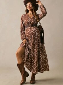 Boho Mama Gaun Kasual Lengan Panjang Leher V Motif Bunga Kecil untuk Ibu Hamil, Cocok untuk Liburan Musim Gugur - Coklat - View 4