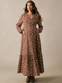 Boho Mama Gaun Kasual Lengan Panjang Leher V Motif Bunga Kecil untuk Ibu Hamil, Cocok untuk Liburan Musim Gugur - Coklat - View 6