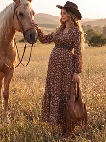 Boho Mama Gaun Kasual Lengan Panjang Leher V Motif Bunga Kecil untuk Ibu Hamil, Cocok untuk Liburan Musim Gugur - Coklat - View 5