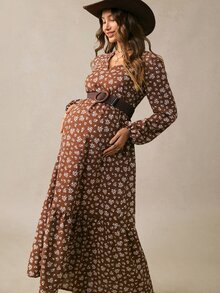Boho Mama Gaun Kasual Lengan Panjang Leher V Motif Bunga Kecil untuk Ibu Hamil, Cocok untuk Liburan Musim Gugur - Coklat - View 10