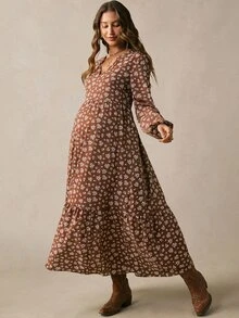 Boho Mama Gaun Kasual Lengan Panjang Leher V Motif Bunga Kecil untuk Ibu Hamil, Cocok untuk Liburan Musim Gugur - Coklat - View 2