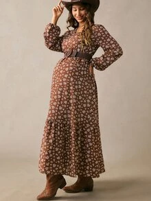 Boho Mama Gaun Kasual Lengan Panjang Leher V Motif Bunga Kecil untuk Ibu Hamil, Cocok untuk Liburan Musim Gugur - Coklat - View 9