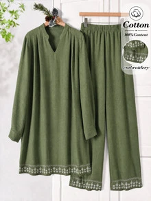Rusticease 女款純棉素色缺口V領刺繡長袖上衣與長褲休閒日常兩件套居家服，綠色與白色，秋季 - 軍綠色 - 查看 3