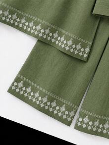 Rusticease 女款純棉素色缺口V領刺繡長袖上衣與長褲休閒日常兩件套居家服，綠色與白色，秋季 - 軍綠色 - 查看 4