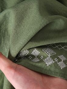 Rusticease 女款純棉素色缺口V領刺繡長袖上衣與長褲休閒日常兩件套居家服，綠色與白色，秋季 - 軍綠色 - 查看 6