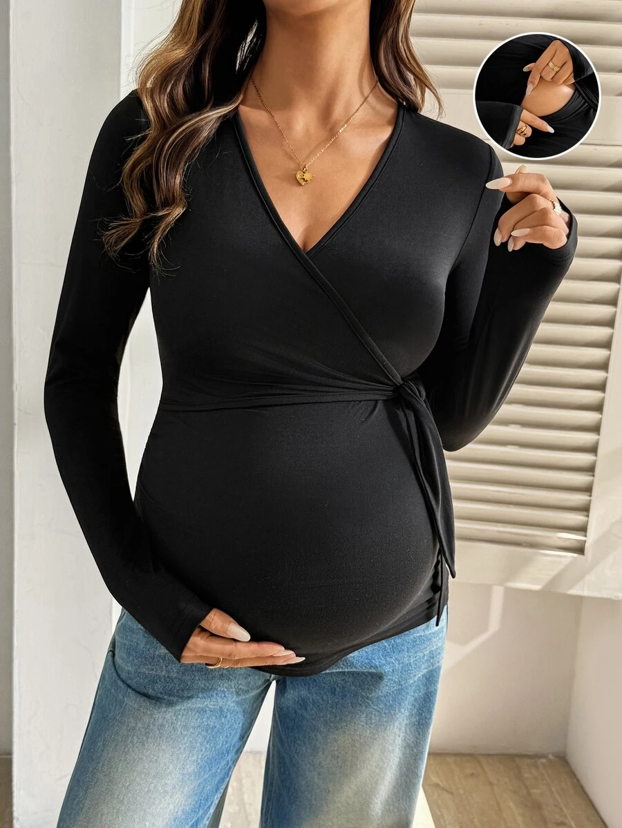 SHEIN ملابس علوية كاجوال يومية للحوامل بلون سادة للرضاعة، خريفية - الأسود - مشاهدة 1