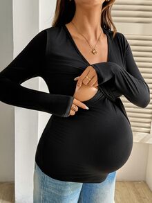 SHEIN ملابس علوية كاجوال يومية للحوامل بلون سادة للرضاعة، خريفية - الأسود - مشاهدة 2
