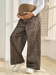 SHEIN Maternity Adjustable Waist Leopard Print Wide Leg Long Pants With Pockets Autumn Photoshoot Gender Reveal Brown Elegant Funny Baggy - Brown - View 4