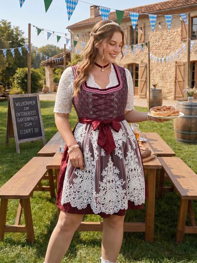 SHEIN Frenchy Gaun Ukuran Plus Elegan Vintage Mewah Bordir dengan Ikatan Depan Gaun Pesta Oktoberfest Elegan Gaun Gaya Pedesaan Elegan untuk Wanita Gaun Elegan