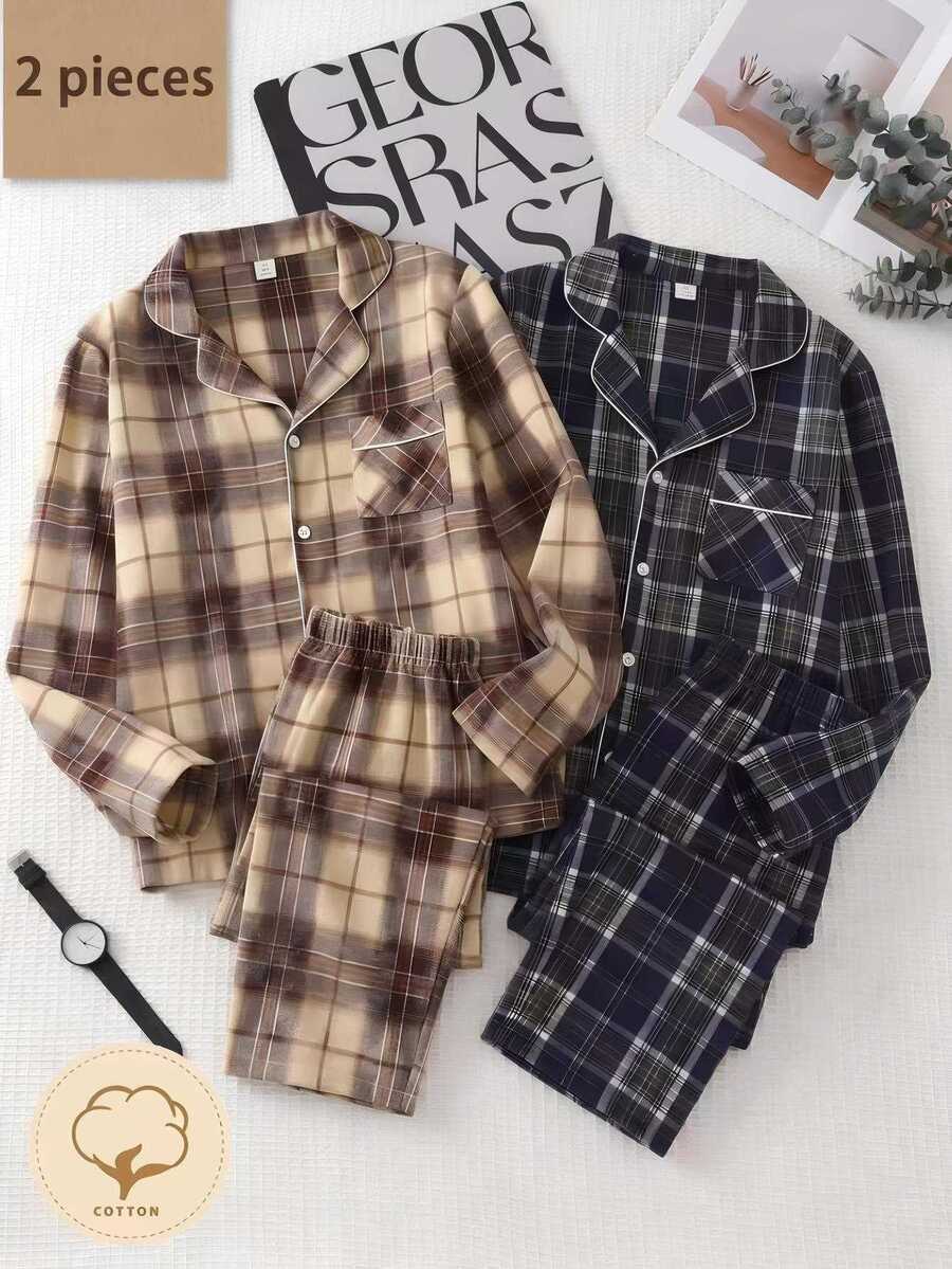 Teen Boys Plaid Open Front Lapel Long Sleeve Pants Casual Loungewear Set Comfortable - Multicolor - View 1