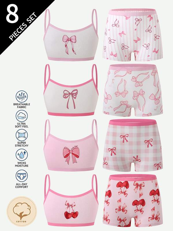 4-Piece Set For Girls, All-Season, Solid Color Pure Cotton Fabric, Pink And White, Multiple Prints, Bow And Heart Design, Traceable Cotton, Camisole And Shorts Set