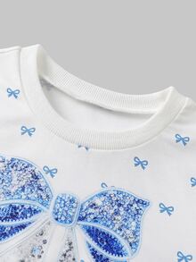 SHEIN 女童 2 件組蝴蝶結印花長袖上衣與喇叭牛仔褲套裝，可愛甜美休閒穿搭，秋季戶外與校園穿著 - 藍色 - 查看 7