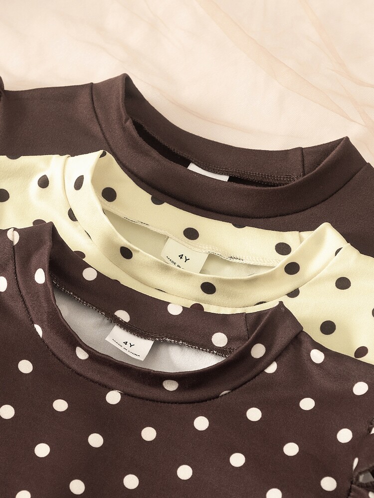 SHEIN Young Girls Long Sleeve Top, 3 Colors Available: Solid Dark, Cream Yellow With Brown Polka Dots, Dark Brown With White Polka Dots, Classic Round Neck + Double-Layer Ruffle Flutter Sleeve Design, Suitable For Daily School, Outings, Visiting Friends And Family, Outdoor Photo Shoots And More, All-Match Versatile Style With Great Practicality - Multicolor - View 6