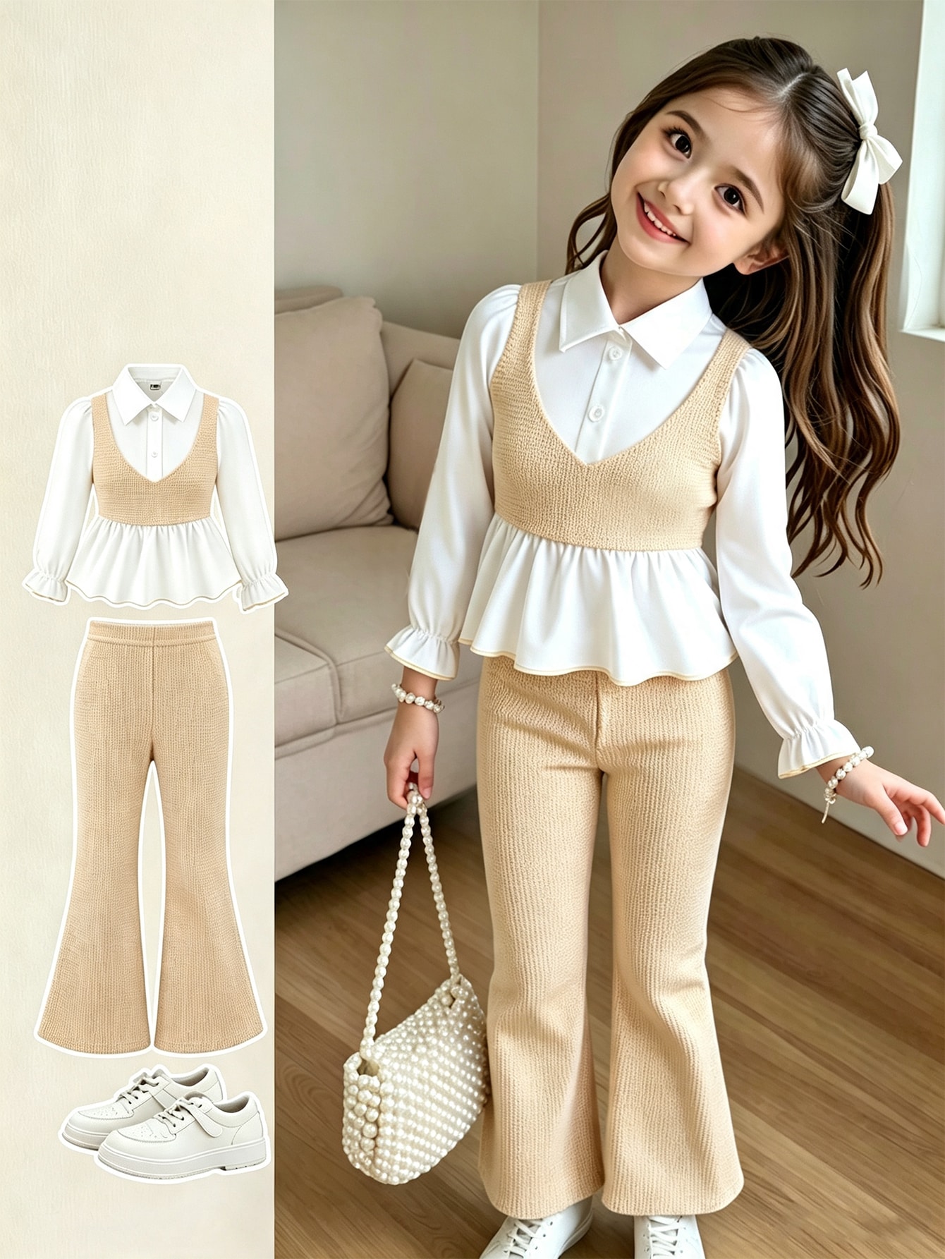 Elegantes 2-teiliges Kleiderset für Kleinkind Mädchen, Mock-Zweiteiler mit Puffärmel-Peplum-Bluse & Waffelstrick-Schlaghose