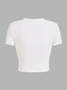Teen Girls' Fashion Cropped Snug Fit Short T-Shirt, Suitable For Summer Hot Pink Casual Cute - White - View 4