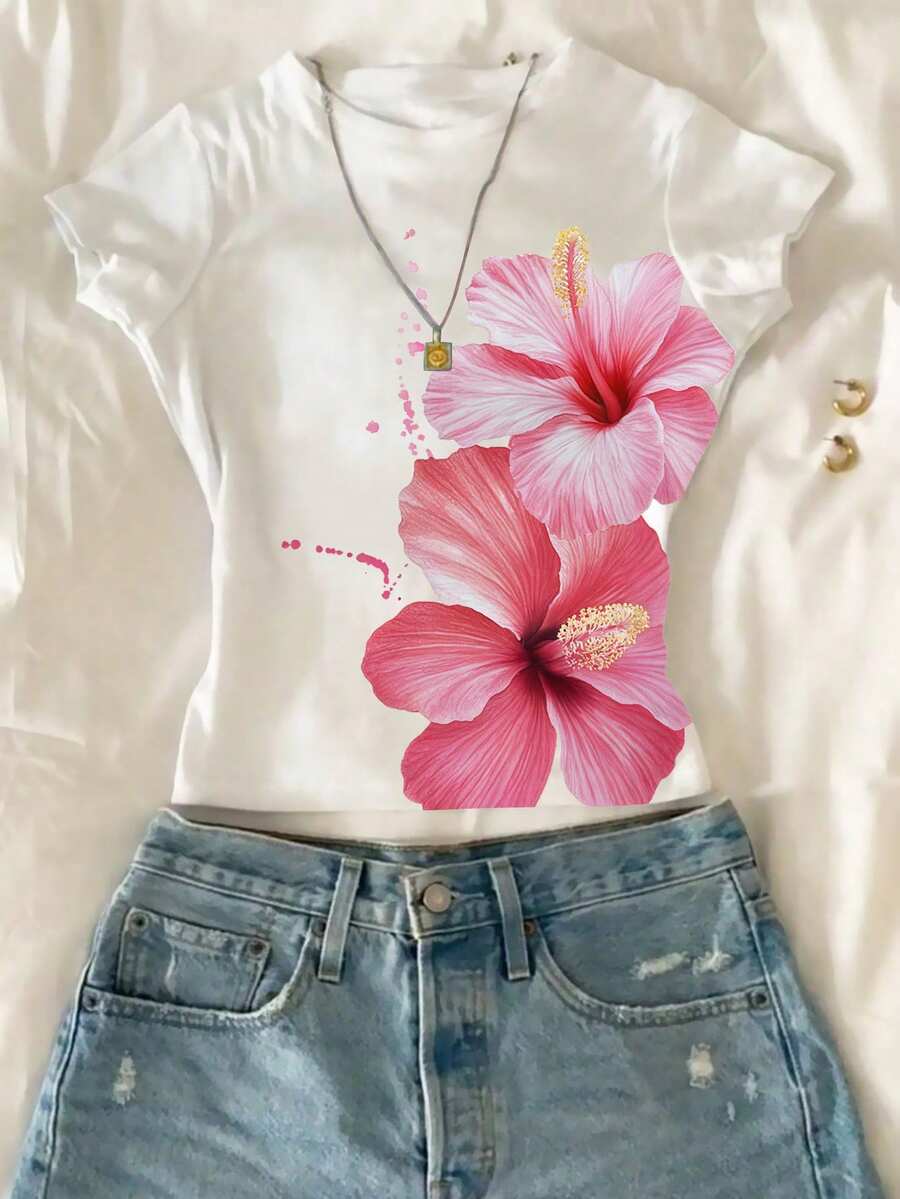 Teen Girls' Fashion Cropped Snug Fit Short T-Shirt, Suitable For Summer Hot Pink Casual Cute - White - View 1