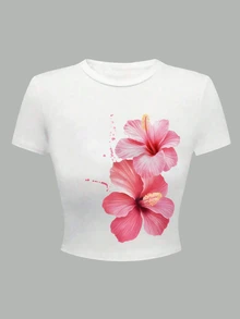 Teen Girls' Fashion Cropped Snug Fit Short T-Shirt, Suitable For Summer Hot Pink Casual Cute - White - View 2