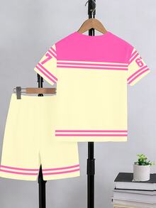 1 Set Tween Girls Color Block Stripe Print Short Sleeve T-Shirt And Shorts Cute Outfit Shades Of Pink Summer Cow Boy Back-To-School Holiday - Multicolor - View 2