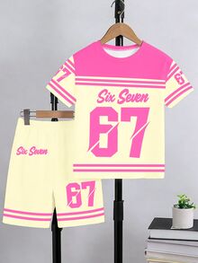 1 Set Tween Girls Color Block Stripe Print Short Sleeve T-Shirt And Shorts Cute Outfit Shades Of Pink Summer Cow Boy Back-To-School Holiday - Multicolor - View 4