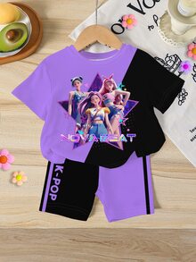 1套女嬰休閒可愛卡通K-POP女孩紫色與黑色對比色印花短袖T恤與短褲套裝，夏季、假日、度假 - 彩色 - 查看 3