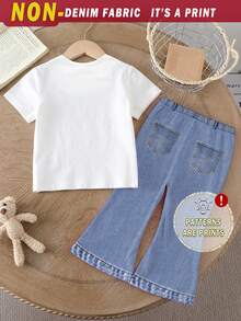 Spring Summer Autumn Girls Toddler Fresh Pink Ribbon Bow Star Print Casual Basic Short T-Shirt And Flared Pants Set Cozy Summer And Fall Styles - Multicolor - View 2