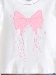 Spring Summer Autumn Girls Toddler Fresh Pink Ribbon Bow Star Print Casual Basic Short T-Shirt And Flared Pants Set Cozy Summer And Fall Styles - Multicolor - View 6