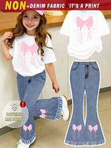 Spring Summer Autumn Girls Toddler Fresh Pink Ribbon Bow Star Print Casual Basic Short T-Shirt And Flared Pants Set Cozy Summer And Fall Styles - Multicolor - View 3