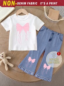 Spring Summer Autumn Girls Toddler Fresh Pink Ribbon Bow Star Print Casual Basic Short T-Shirt And Flared Pants Set Cozy Summer And Fall Styles - Multicolor - View 4