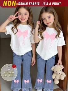 Spring Summer Autumn Girls Toddler Fresh Pink Ribbon Bow Star Print Casual Basic Short T-Shirt And Flared Pants Set Cozy Summer And Fall Styles - Multicolor - View 1