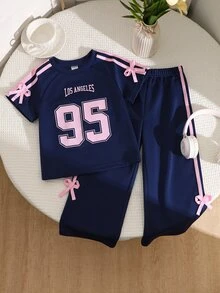 Genkimix Kids 2pcs/Set Young Girls Casual T-Shirt  Set,Vintage Graphic Print,Bow Decor,Raglan Sleeve Tee & Solid Pants Back To School Clothes Girls All Clothes - Blue - View 3