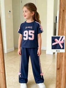 Genkimix Kids 2pcs/Set Young Girls Casual T-Shirt  Set,Vintage Graphic Print,Bow Decor,Raglan Sleeve Tee & Solid Pants Back To School Clothes Girls All Clothes - Blue - View 4