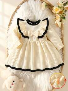 SHEIN Đầm dài tay cho bé gái sơ sinh màu đen phối apricot, gân tăm, nơ bèo nhún, tay cánh dơi, cổ tròn, chất nỉ dày ấm, phong cách công chúa ngọt ngào thanh lịch cho sinh nhật mùa thu - Màu be - Xem 3