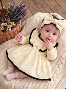 SHEIN Đầm dài tay cho bé gái sơ sinh màu đen phối apricot, gân tăm, nơ bèo nhún, tay cánh dơi, cổ tròn, chất nỉ dày ấm, phong cách công chúa ngọt ngào thanh lịch cho sinh nhật mùa thu - Màu be - Xem 2