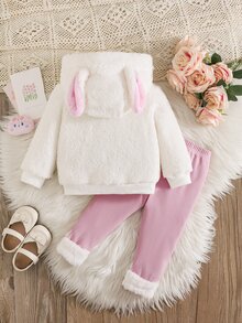 SHEIN Playful Pals 2pcs/Set Baby Girl Autumn/Winter Sweatshirt Set, Soft Plush Hooded Top With Embroidered Rabbit Pattern, Solid Pink Long Pants With Rabbit Plush Cuffs - White - View 4