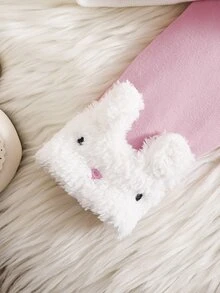 SHEIN Playful Pals 2pcs/Set Baby Girl Autumn/Winter Sweatshirt Set, Soft Plush Hooded Top With Embroidered Rabbit Pattern, Solid Pink Long Pants With Rabbit Plush Cuffs - White - View 10