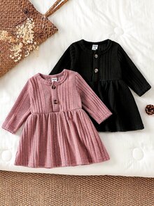 SHEIN Vintaside Kids 新生兒秋冬羅紋針織長袖洋裝，柔軟親膚圓領單排扣設計，百搭純色公主風A字裙 - 彩色 - 查看 1