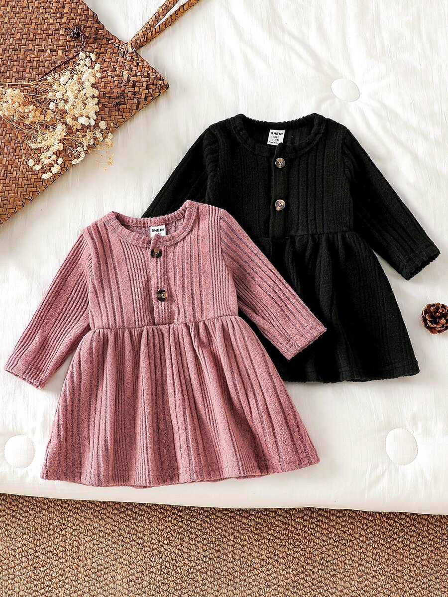 SHEIN Vintaside Kids 新生兒秋冬羅紋針織長袖洋裝,柔軟親膚圓領單排扣設計,百搭純色公主風A字裙 - 彩色 - 查看 1