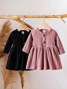 SHEIN Vintaside Kids 新生兒秋冬羅紋針織長袖洋裝，柔軟親膚圓領單排扣設計，百搭純色公主風A字裙 - 彩色 - 查看 3