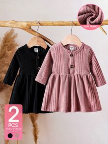 SHEIN Vintaside Kids 新生兒秋冬羅紋針織長袖洋裝，柔軟親膚圓領單排扣設計，百搭純色公主風A字裙 - 彩色 - 查看 4