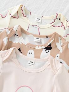 SHEIN Playful Pals Halloween Infant Newborn Baby Pumpkin Pattern Cute Print Jumpsuit Home Wear 3 Pieces Set Little Ghost Light Grey Baby Pink Orange Autumn Babygirl - Apricot - View 8