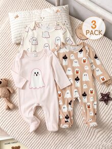 SHEIN Playful Pals Halloween Infant Newborn Baby Pumpkin Pattern Cute Print Jumpsuit Home Wear 3 Pieces Set Little Ghost Light Grey Baby Pink Orange Autumn Babygirl - Apricot - View 4