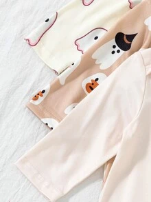 SHEIN Playful Pals Halloween Infant Newborn Baby Pumpkin Pattern Cute Print Jumpsuit Home Wear 3 Pieces Set Little Ghost Light Grey Baby Pink Orange Autumn Babygirl - Apricot - View 10