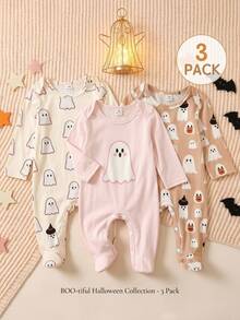 SHEIN Playful Pals Halloween Infant Newborn Baby Pumpkin Pattern Cute Print Jumpsuit Home Wear 3 Pieces Set Little Ghost Light Grey Baby Pink Orange Autumn Babygirl - Apricot - View 5