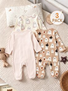 SHEIN Playful Pals Halloween Infant Newborn Baby Pumpkin Pattern Cute Print Jumpsuit Home Wear 3 Pieces Set Little Ghost Light Grey Baby Pink Orange Autumn Babygirl - Apricot - View 3