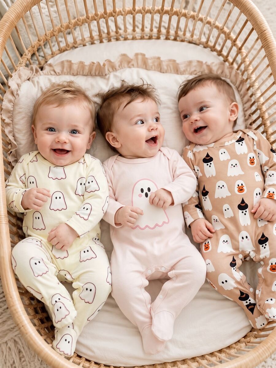 SHEIN Playful Pals Halloween Infant Newborn Baby Pumpkin Pattern Cute Print Jumpsuit Home Wear 3 Pieces Set Little Ghost Light Grey Baby Pink Orange Autumn Babygirl