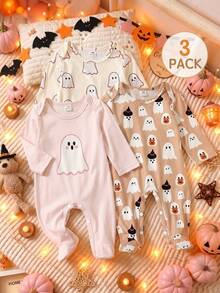 SHEIN Playful Pals Halloween Infant Newborn Baby Pumpkin Pattern Cute Print Jumpsuit Home Wear 3 Pieces Set Little Ghost Light Grey Baby Pink Orange Autumn Babygirl - Apricot - View 6