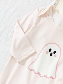 SHEIN Playful Pals Halloween Infant Newborn Baby Pumpkin Pattern Cute Print Jumpsuit Home Wear 3 Pieces Set Little Ghost Light Grey Baby Pink Orange Autumn Babygirl - Apricot - View 7