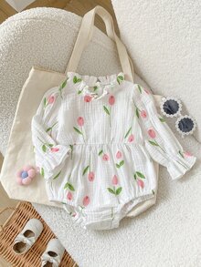 SHEIN Playful Pals 1件女嬰連身衣可愛甜美粉色鬱金香花卉印花荷葉邊長袖荷葉領常規款生日派對春季公主風舒適收口 - 彩色 - 查看 2