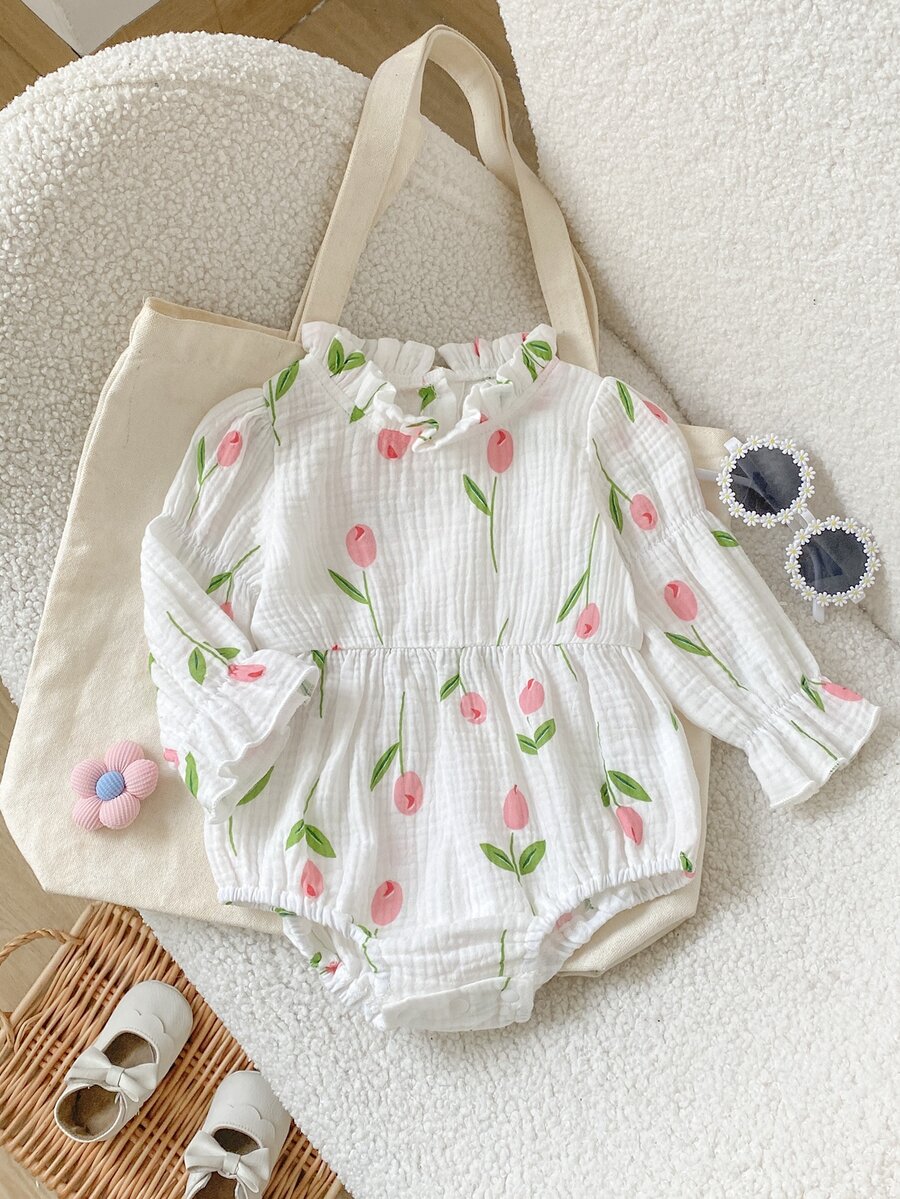 SHEIN Playful Pals 1件女嬰連身衣可愛甜美粉色鬱金香花卉印花荷葉邊長袖荷葉領常規款生日派對春季公主風舒適收口