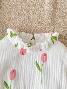 SHEIN Playful Pals 1件女嬰連身衣可愛甜美粉色鬱金香花卉印花荷葉邊長袖荷葉領常規款生日派對春季公主風舒適收口 - 彩色 - 查看 5